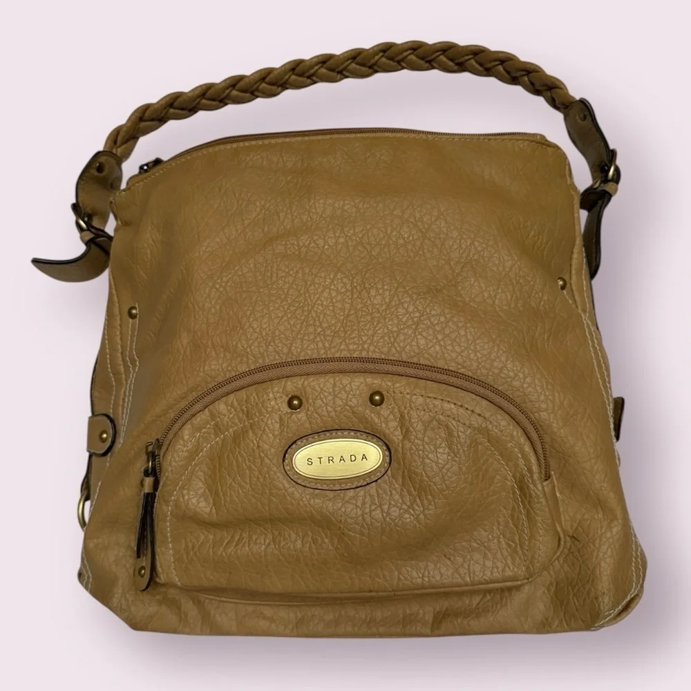 Strada Tan Beige Leather Braided Handle Boho Hobo Purse